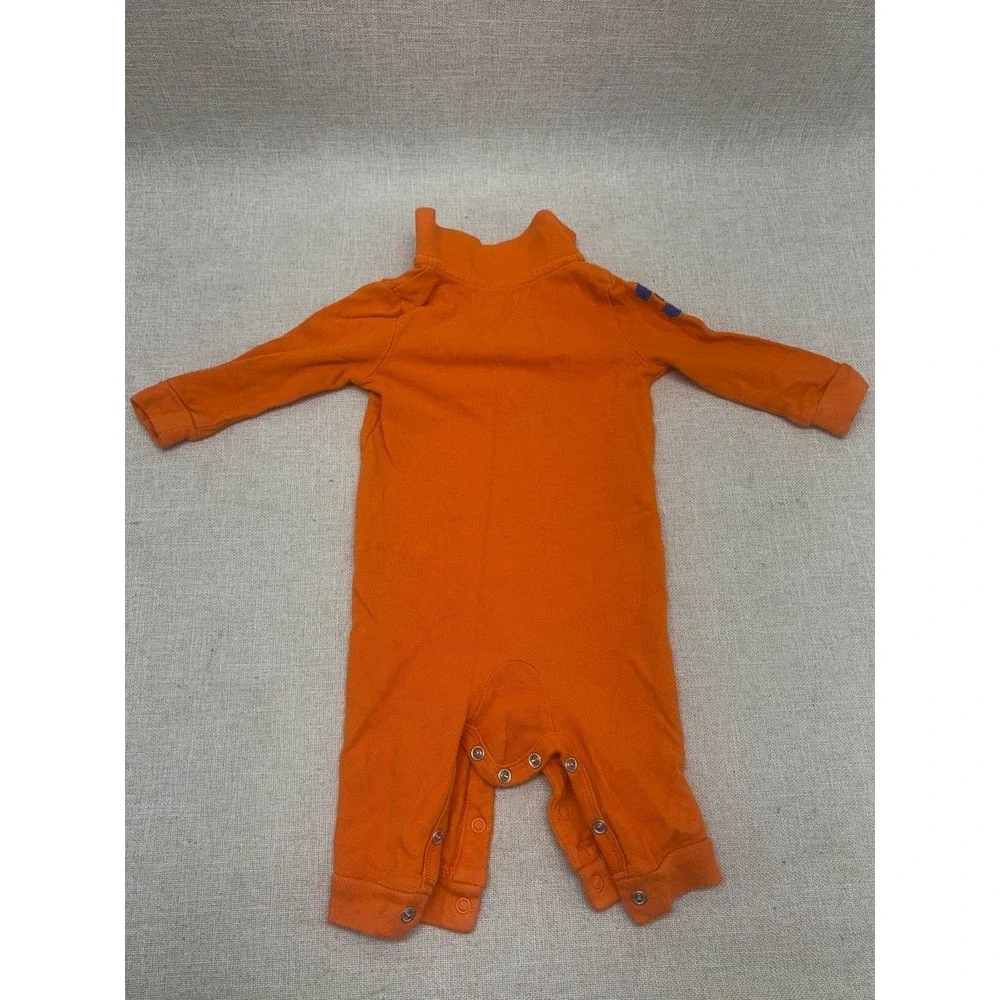Ralph‎ Lauren Baby Boy Orange Polo Romper Long Sleeve Size 6M Excellent